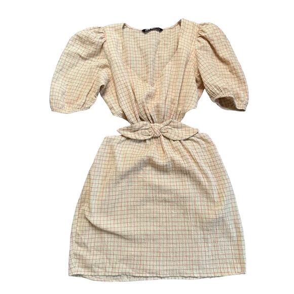 NEW Zara Linen Blend Cutout Mini Dress Square Print Small - Picture 3 of 7